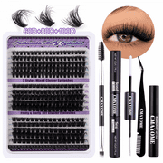 Lash Extension Kit D Curl Lash Clusters Kit Thick Volume Individual Lashes 270 Pcs DIY Lash Extension Kit with Lash Bond and Seal Lash Tweezers (60D80D100D,10-18mm) -lash clusters
