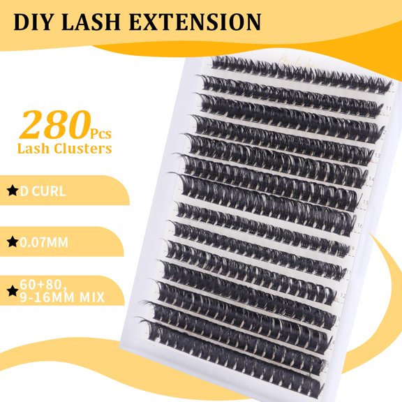 Lash Extension Kit DIY 280pcs Individual Eyelash Extension Kit 0.07D 9-16MIX 60D 80D Cluster Lashes Kit Lash Extensions Super Thin & Soft Lashes Reusable (60 & 80D, D-0.07-9-16MIX)