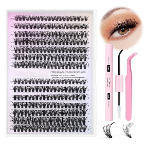 Lash Extension Kit DIY 280pcs Individual Lash Clusters Kit 30D 40D Cluster Eyelash Extensions Kit with Bond and Seal, Remover, Tweezers for Self Use (30D&40D, 9-16mm, All Kit)