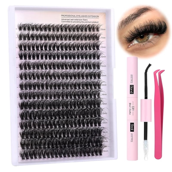 Lash Extension Kit DIY Individual Lash Clusters Kit Full 50D with Lash Bond and Seal and Lash Applicator, 9-16mm Clusters Eyelash Extension Kit at Home (Full 50D, 9-16mm, Kit)