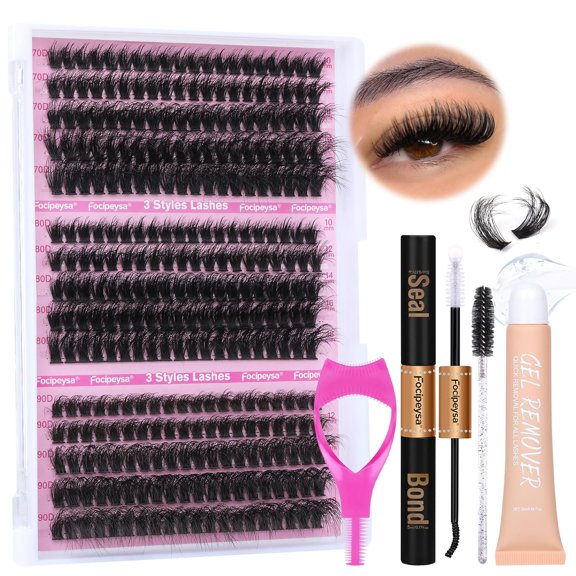 Lash Extension Kit Thick Eyelash Extension Kit 10-18mm Fluff Volume Lash Clusters 200D Individual Eyelashes Kit with Lash Bond, Lash Remover, Lash Applicator, DIY Lashes Extension