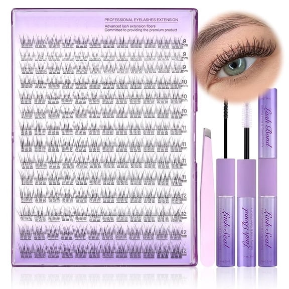 Lash Extension Kit Wispy Lash Clusters Kit 9-12mm Natural Individual Lashes Kit 168pcs Cluster Eyelash Extension Kit with Lash Bond and Seal, Lash Applicator for Self Use