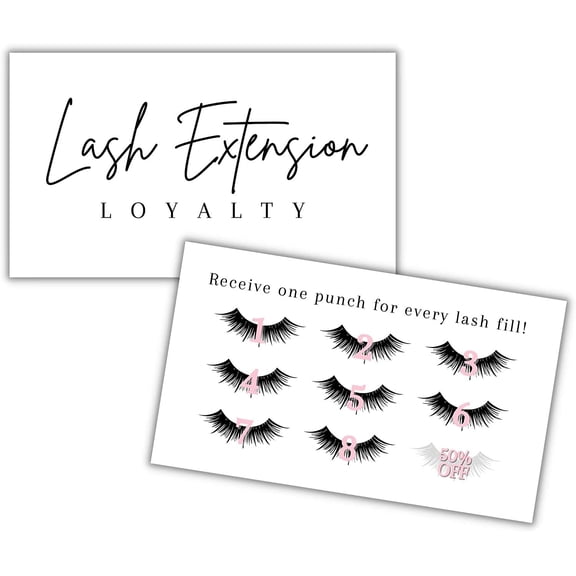 Lash Extension Loyalty Punch Cards 50 pack Eyelash False 2x3.5 inches symbols match aftercare instructions minimalist black and white thank you client cards matches intake forms for lash artists
