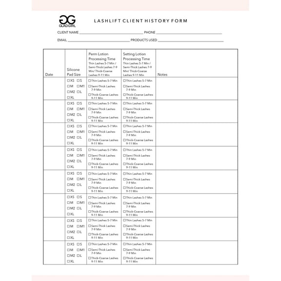 LashLift Client History Form - 25 Per Quantity