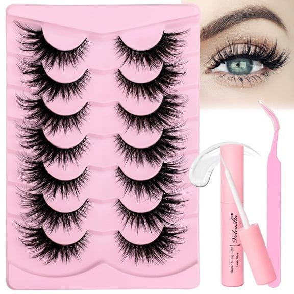 Lashes Kit with Glue & Tweezer Cat Eye Lashes that Look Like Extensions Fluffy Faux Mink Lashes Wispy Lashes Natural Look 7 Pairs Fake Eyelashes Pack (Cat Eye)