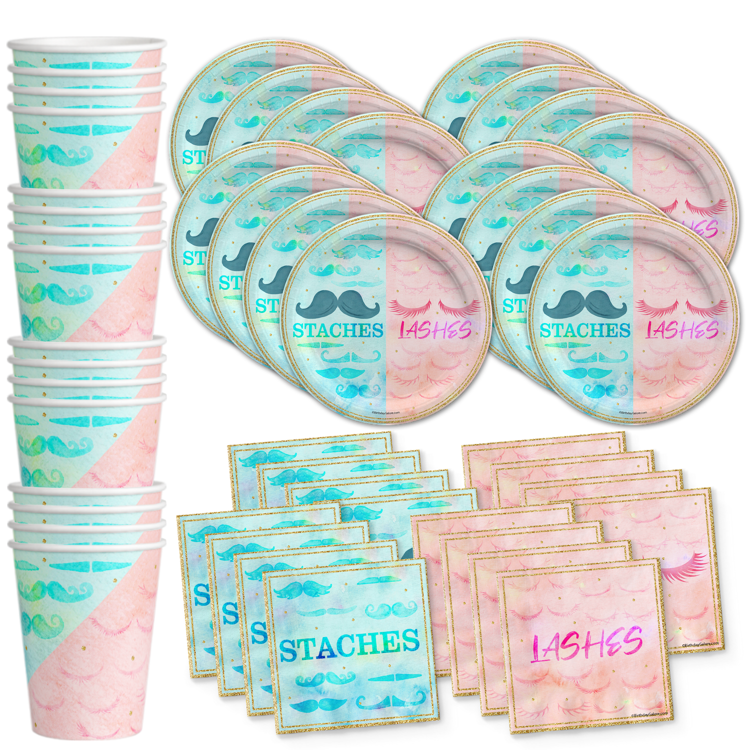 Birthday Galore Lashes or Staches? Party Supply Set for 16 Guests, Colorful Tableware Kit