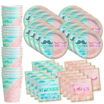 Lashes or Staches? Gender Reveal Party Supplies Set Plates Napkins Cups Tableware Kit for 16
