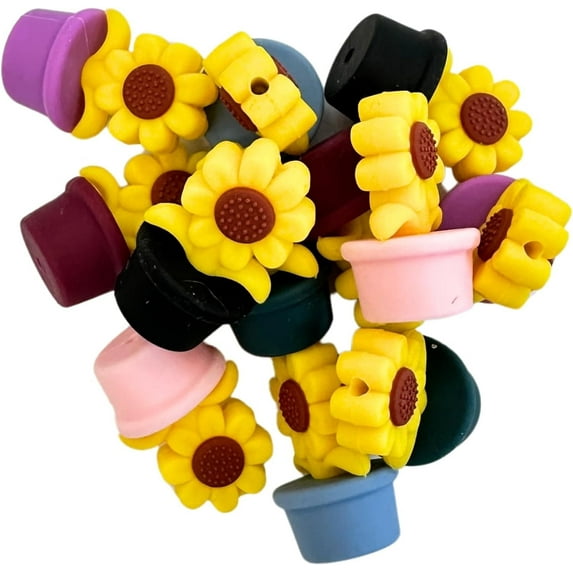 Lashicorn Colorful Sunflower Silicone Focal Bead Set  12 Pc Mixed Pack Summer Succulent Potted Flower Bulk Wholesale for Keychain Making Kit Pen Freshie Hanger