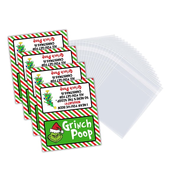 Lashicorn Grouch Poop Labels with Bags 100 Pack, 50 2x3.5 Tags & 50 3x3 Bags Green Stickers to Put Grouch Pills Chocolates in Christmas Holiday Gift Striped