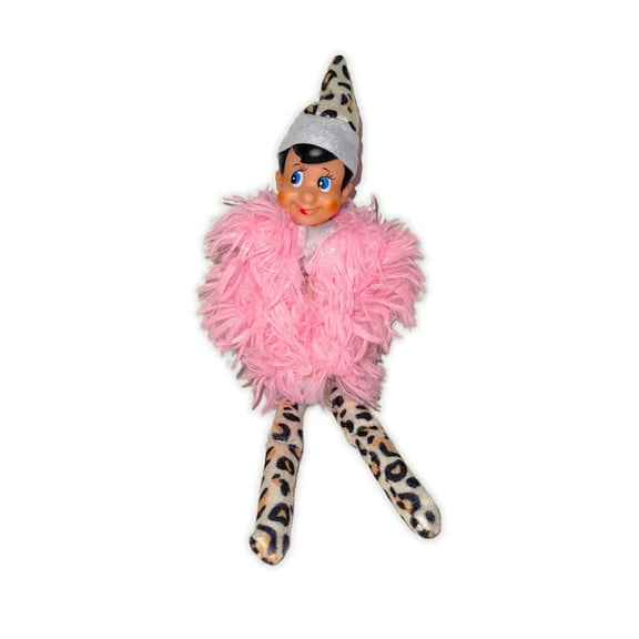 Lashicorn Leopard Elf with Pink Fluffy Vest Clothes for The Shelf 11 Long Boutique Cheetah Decorations for Christmas Holiday Elf Kit Game Letter
