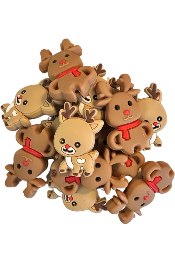 Reindeer Christmas Silicone Focal Beads  12 Pack Cute Santa Deer Rudolph for Freshie Hanger Cardstock Rounds Beadable Makeup Brushes Charms Winter Holiday Beaded Pens