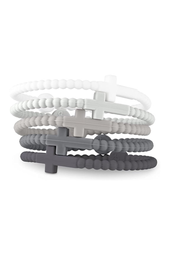 Silicone Cross Bracelets for Men 5 Pack pcs Big Pack Bulk for Boys Jesus Eternal Life Bracelet Adult for Women Neutral Grey White Black
