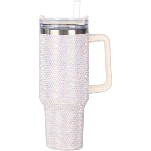 Lashicorn White Rhinestone 40 oz. Tumbler with Handle and Straw Lid Bling Tall Jewel Cup Gift Light Insulated Iridescent