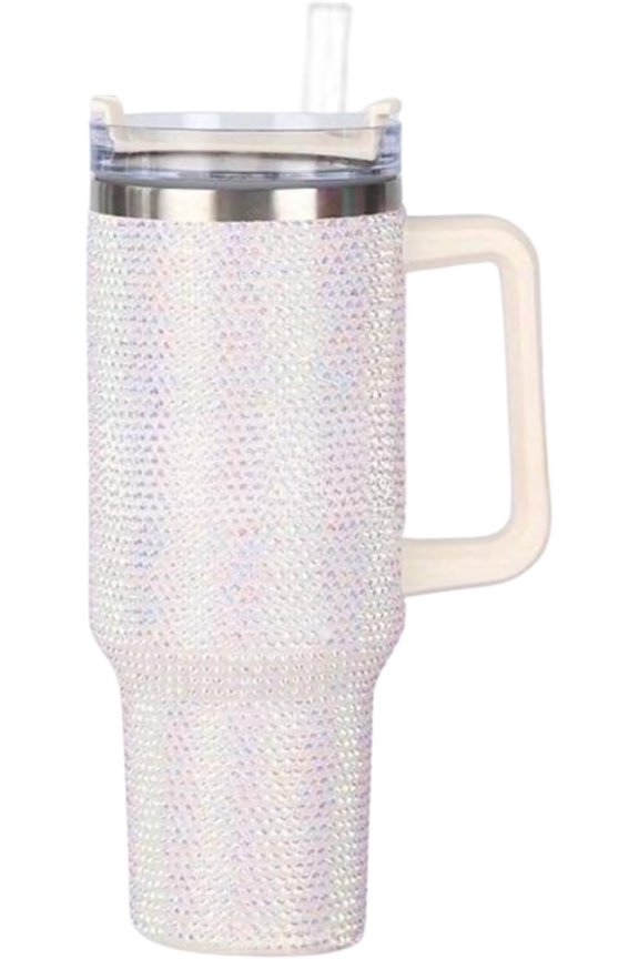 White Rhinestone 40 oz. Tumbler with Handle and Straw Lid Bling Tall Jewel Cup Gift Light Insulated Iridescent