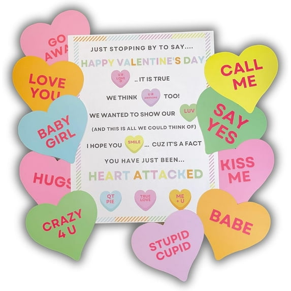 Lashicorn Youve Been Heart Attacked Valentines Game 10 pk 8.5 x 11 Coworker Neighbor Door for Cupid Gift on Desk Booed for V-day w/ 100 Conversation Hearts