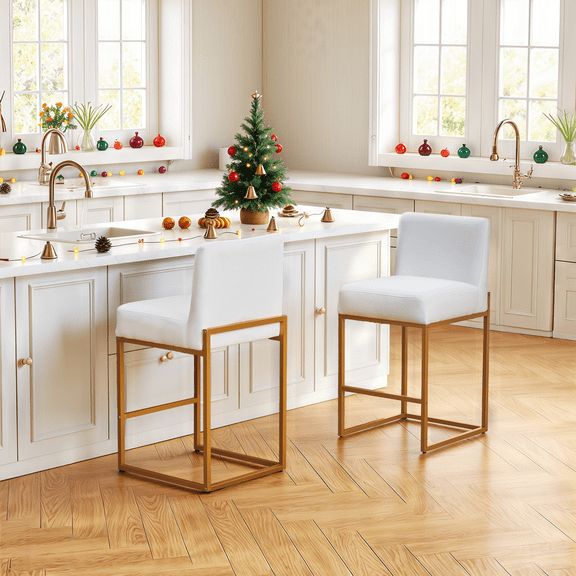 Lasigeli Set of 2 26" Counter Height Bar Stools - Beige White & Gold Fabric Linen Bar Chairs for Kitchen Island