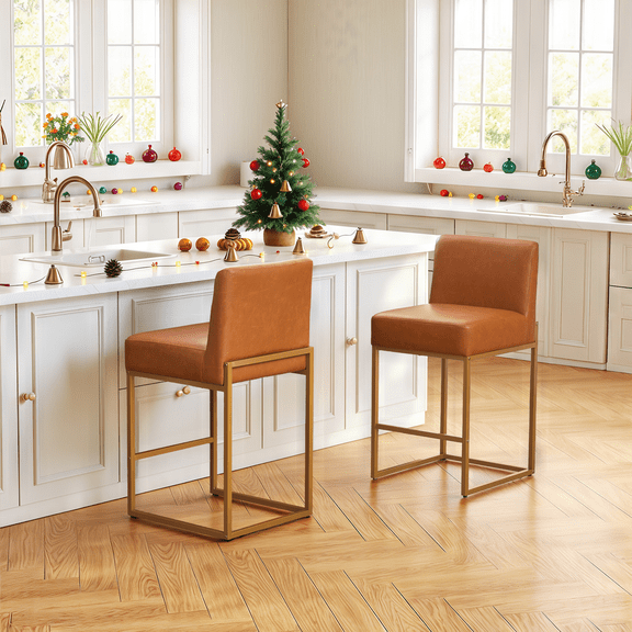 Lasigeli Set of 2 26" Counter Height Bar Stools - Camel & Gold PU Leather Bar Chairs for Kitchen Island