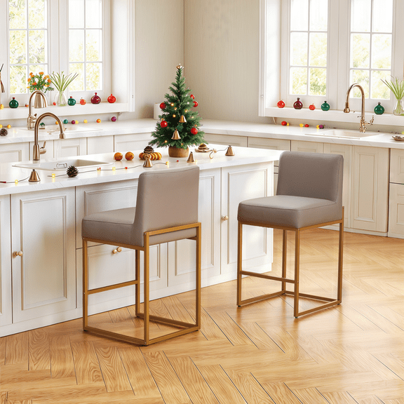 Lasigeli 26" Counter Height Bar Stools Set of 2 - Faux Leather Upholstered with Back, Sturdy Gold Metal Frame, Modern Kitchen Island Chairs for Home, Easy Assembly (Gray)