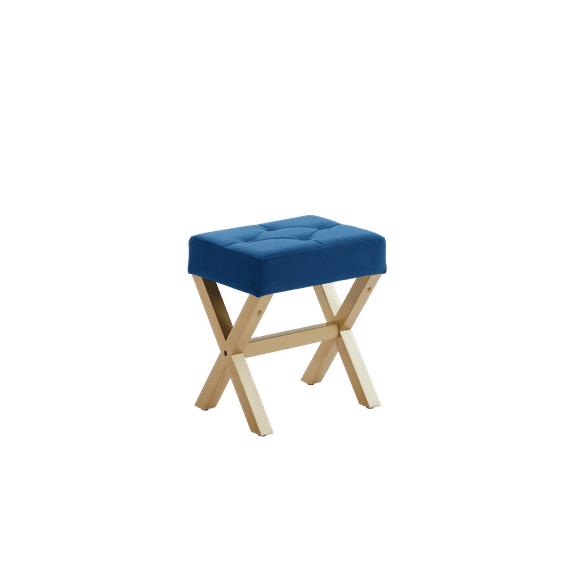 Lasigeli Square Makeup Stool with Wood X-Legs,Modern Vanity Ottoman Chair,Padded Faux Leather Seat for Dressing Room,Bathroom (Blue+Gold1 Fabric)