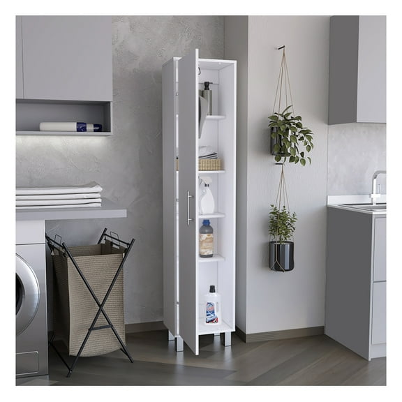 Laska 70" Tall Storage Cabinet Broom Closet with Broom Hangers,and Four Shelves White White + Particle Board
