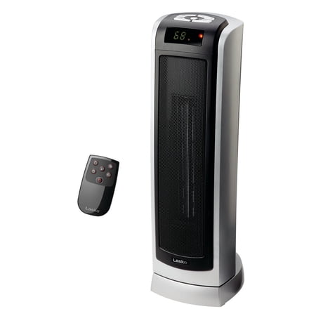 Lasko 22" 1500W Oscillating 2-Speed Ceramic Tower Space Heater with Remote, Black/Silver, 5521