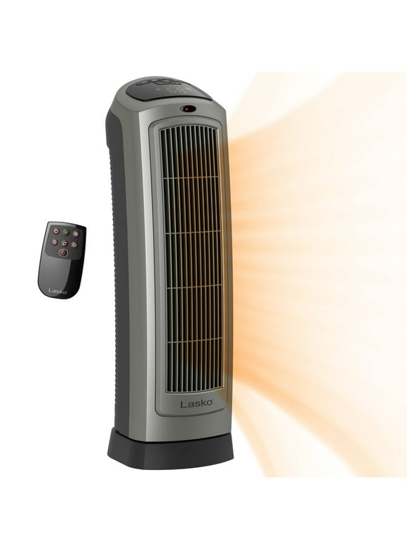 Lasko 22.2" 1500W Oscillating Ceramic Electric Tower Space Heater with Remote, Gray, 5538, New