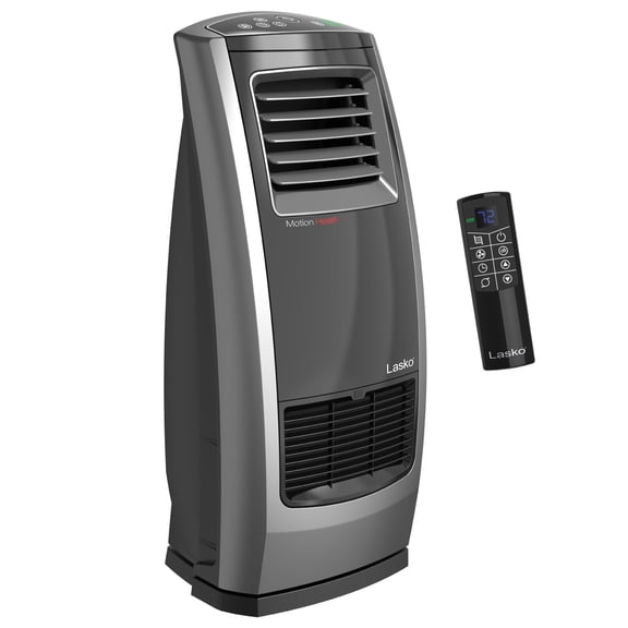 Lasko 22.5" 1500W Motion Heat Plus Ceramic Room Heater with Remote, Black/Silver, CC23185