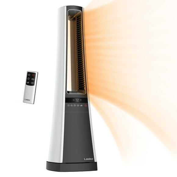 Lasko 27" 1500W Oscillating Bladeless Tower Space Heater with Remote, White/Gray, AW300, New