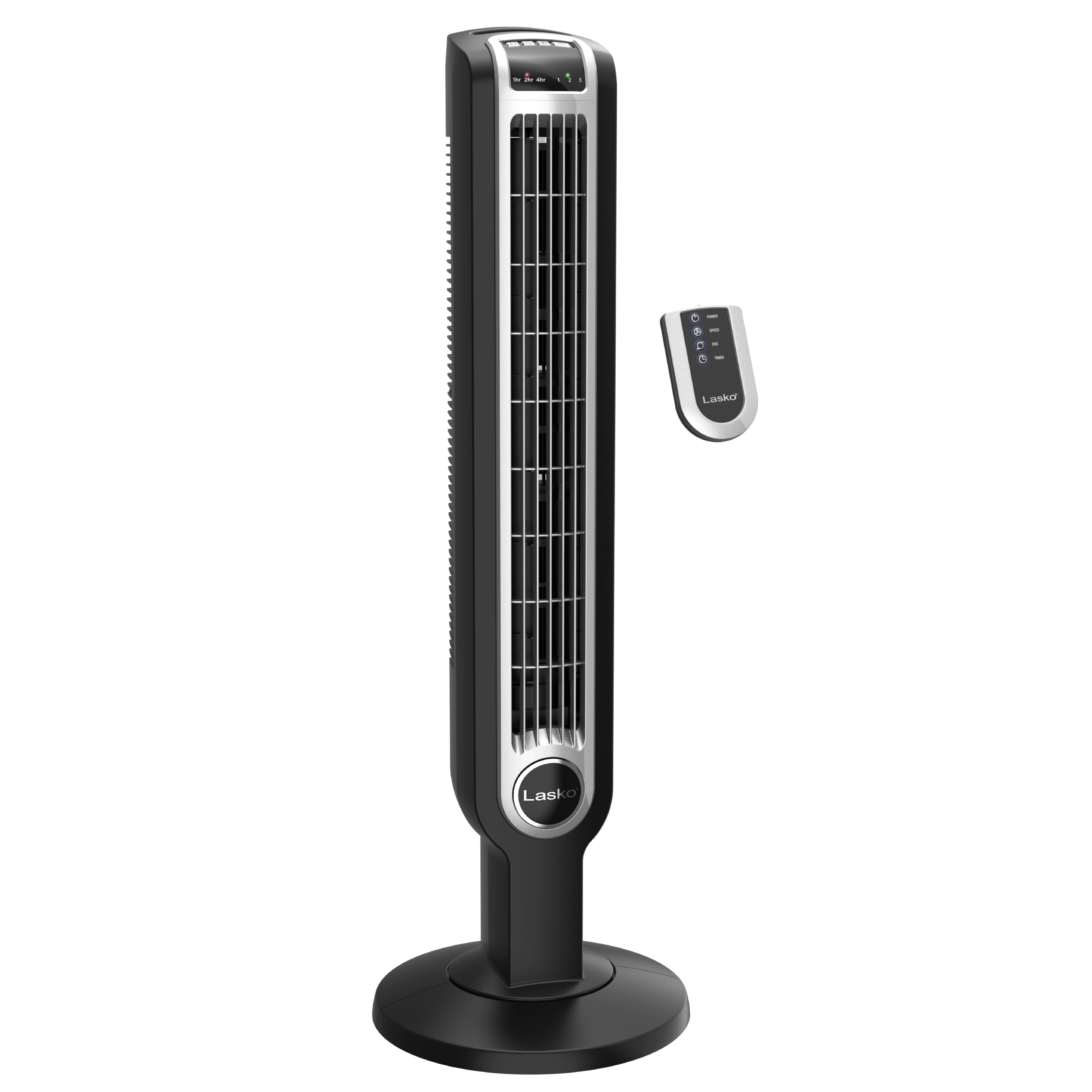 Lasko 36" Black and Silver Oscillating Tower Fan with Remote