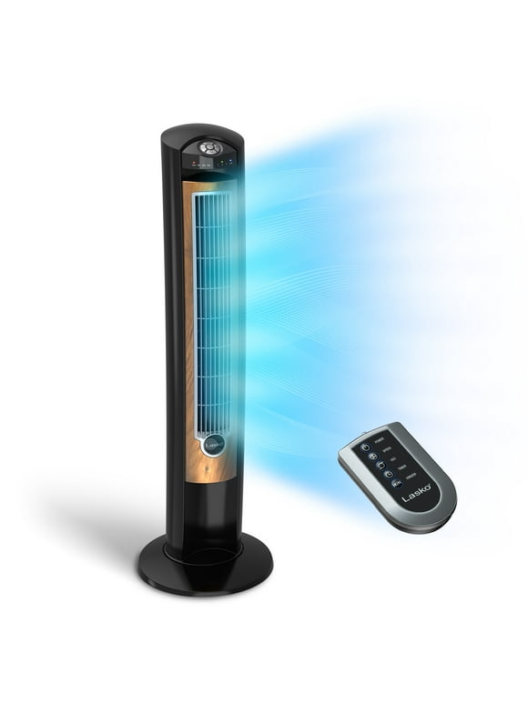 Lasko 42" Wind Curve 3-Speed Tower Fan with Ionizer and Remote, Black/Woodgrain, T42950, New