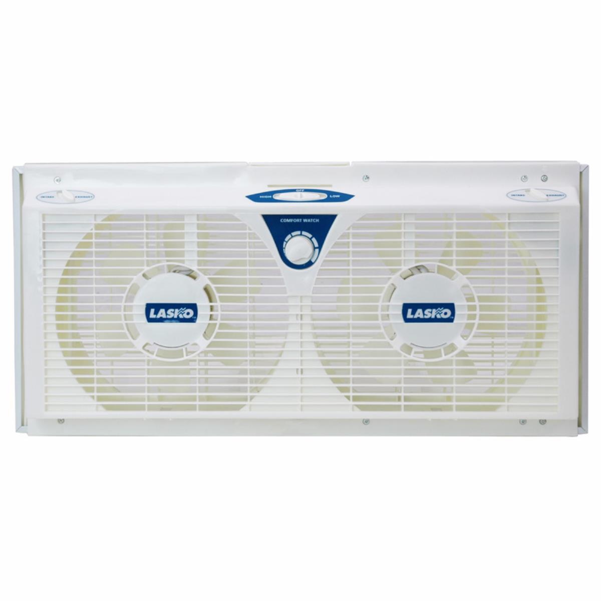 "Lasko 8"" Reversible Twin Window Fan with Thermostat, Dual Slim, Wide Exhaust & Intake