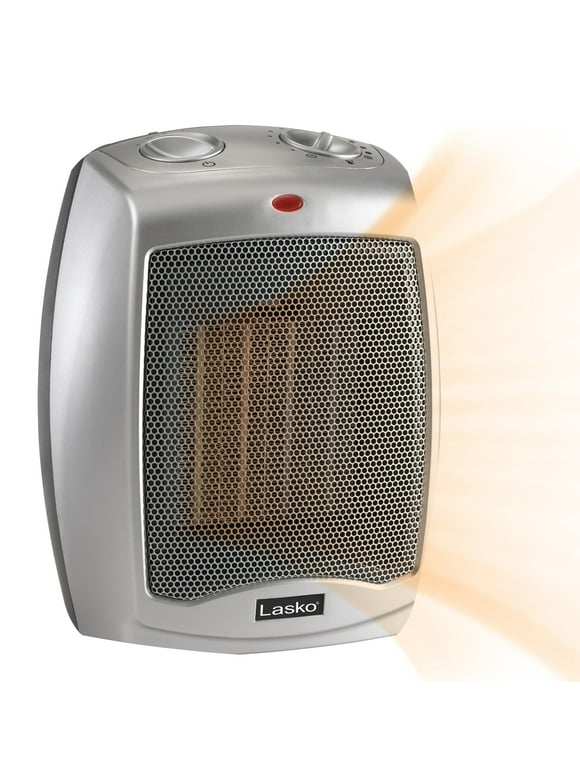 Lasko 9" 1500W Electric Ceramic Space Heater with Adjustable Thermostat, Silver, 754200, New