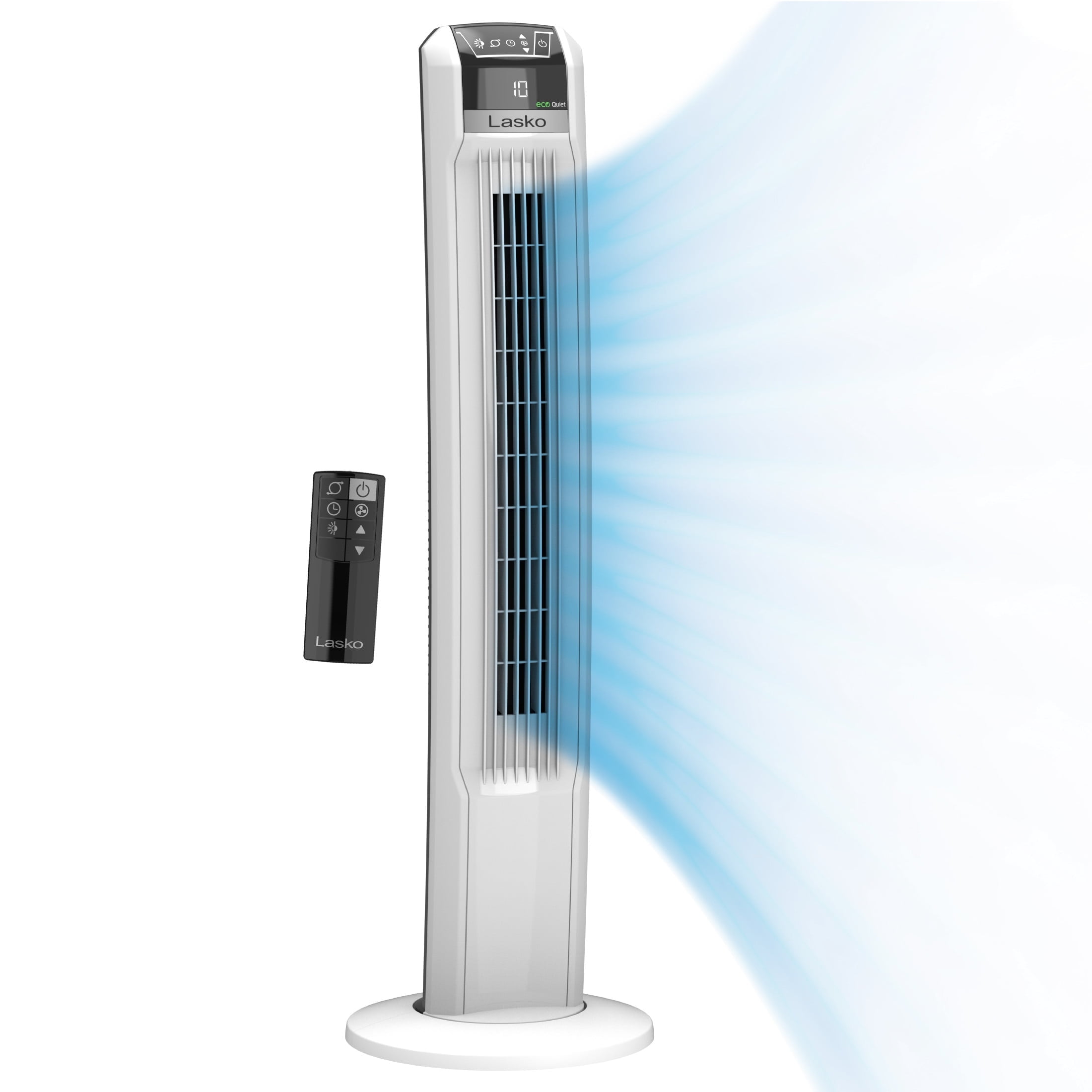White EcoQuiet Oscillating Tower Fan with Remote Control