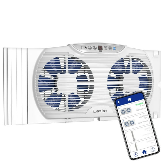 Lasko Electrically Reversible Twin Window Fan with Bluetooth® Technology, 13" H, W09560, White