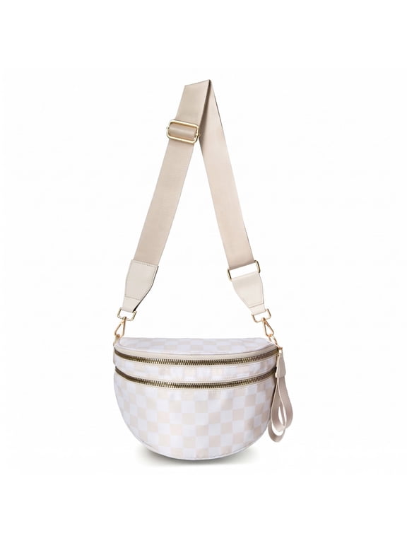 Checkered Crossbody Bag Waterproof Nylon Waist Fanny Pack with Adjustable Wide Strap Bum Bag for Women Travel Sports Daily Use