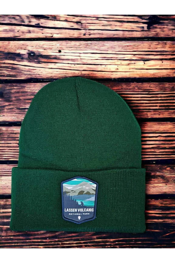 Lassen Volcanic National Park Beanie - Cozy Knit Cap with Embroidered Patch - California Outdoor Adventure Gift - Green