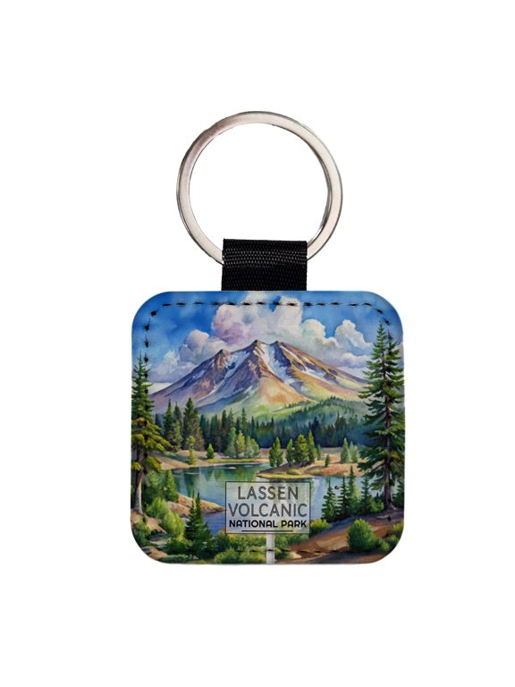 Lassen Volcanic National Park California Watercolor Faux Leather Square Keychain