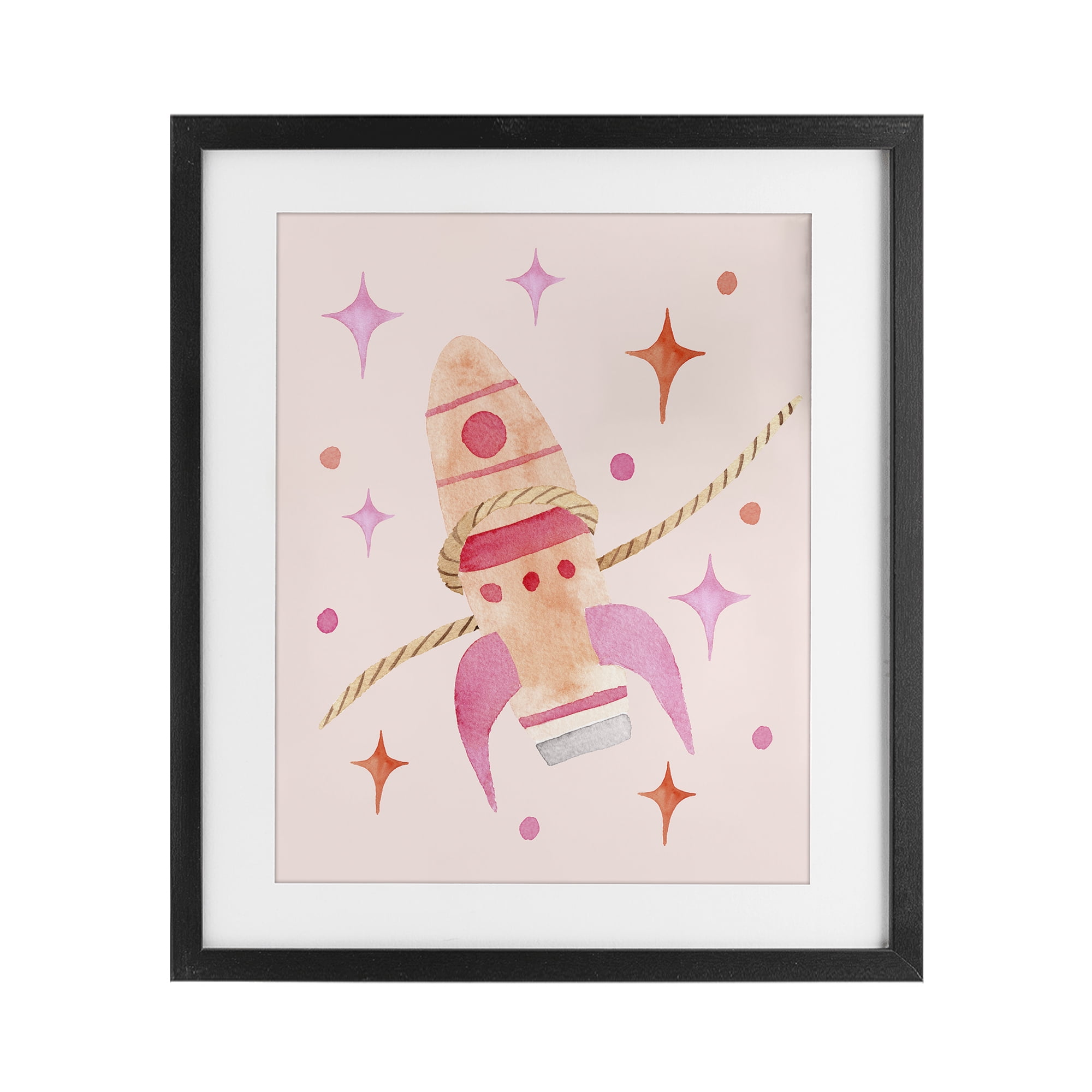Lasso Rocket Ship Black Framed Print Under Glass, design by Nina Jacobs