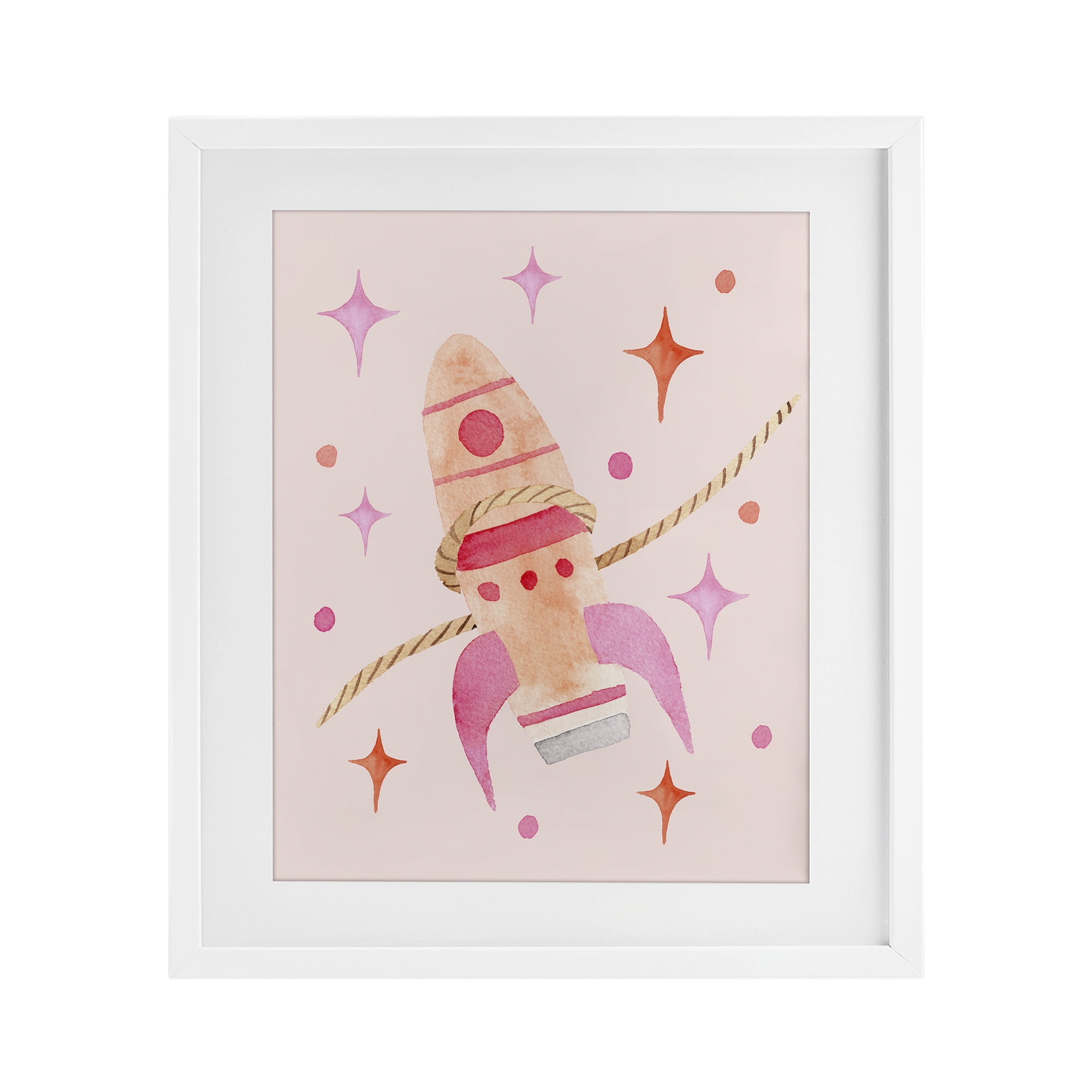 Lasso Rocket Ship White Framed Print Under Glass, design by Nina Jacobs