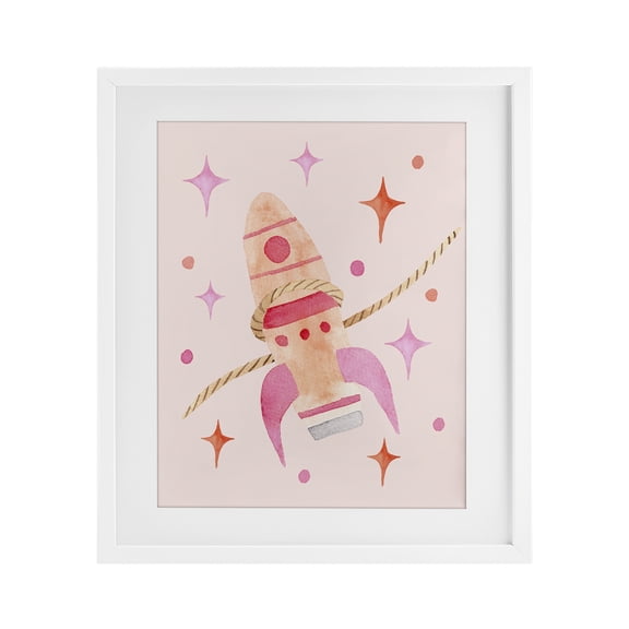 Lasso Rocket Ship White Framed Print Under Glass, design by Nina Jacobs