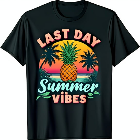 Last Day Summer Vibes Black T-Shirt with Colorful Pineapple & Trees Graphic