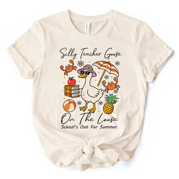 Last Day Teacher Goose T-Shirt, Tropical Summer Break Navy, White, and Natural Tee for Fun and Quirky Educators