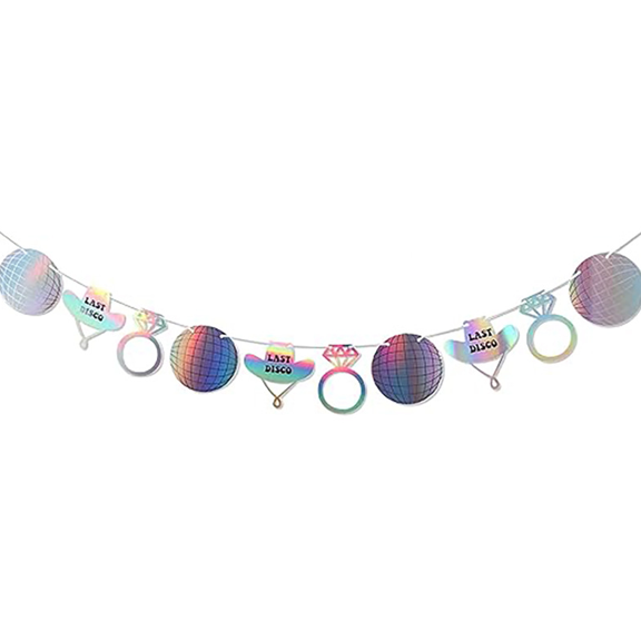 Last Disco Bachelorette Party Banner, Holographic Iridescent Garland with Disco Balls, Diamond Rings, and Cowboy Hats