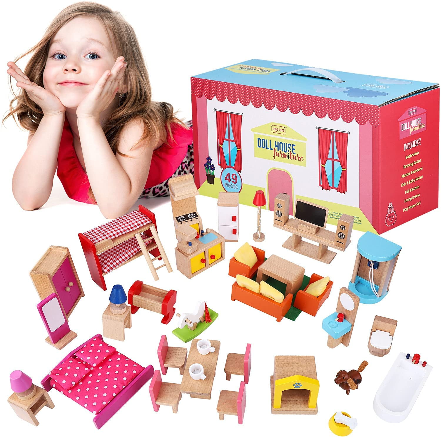 49-Piece Wooden Dollhouse Furniture Set for 7 Rooms