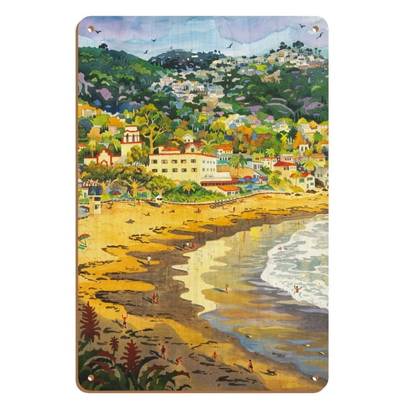 Last Light on Laguna - Main Beach Laguna Beach California - From an Original Watercolor Painting by Robin Wethe Altman - 8 x 12 inch Vintage Wood Art Sign