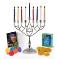 thumbnail image 1 of Last Minute Complete Hanukkah Menorah Kit - 9" Menorah, 44 Colored Hanukkah Candles, Chanukah Handbook Guide , 4 Colored Dreidels, Chocolate Gelt Coins - Chanukkah Essentials in 1 Box by Zion Judaica, 1 of 9