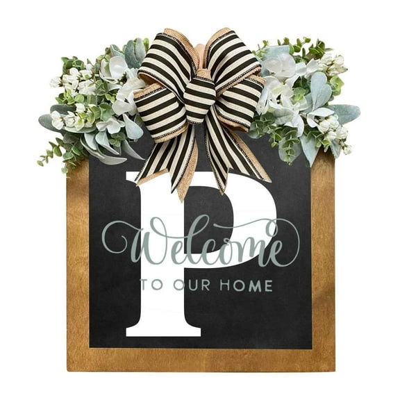 Last Name Wreaths,Year Round Front Door Wreath with 26 Letter Welcome Sign, Eucalyptus Garland and Bow - Spring Wreath for Front Porch Decoration ,Last Name Year Round Wreath with Initial Letter,12"