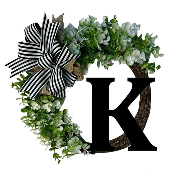 Last Name Year Round Front Door Wreath ,26 Letter Farmhouse Wreath Wooden Hanging Sign Door Decoration Wreath,All Seasons Wreath for Home Indoor Outdoor Decoration - K,14.96inch