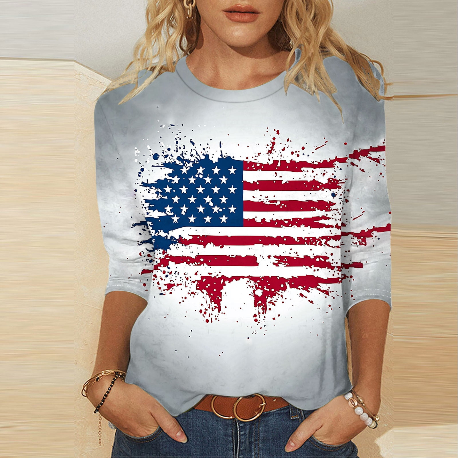Women's 4th Of July Shirt - American Flag Love Heart Patriotic T-Shirt (Navy Blue, Size L)