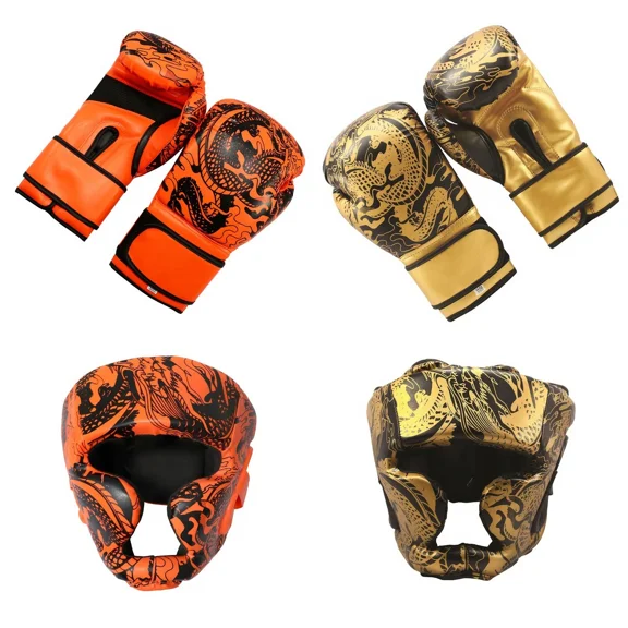 Last Punch 2 Pairs Head Guard & 14oz Boxing Gloves MMA Training Sparring Kickboxing Protective Gears Orange/Black & Gold/Black